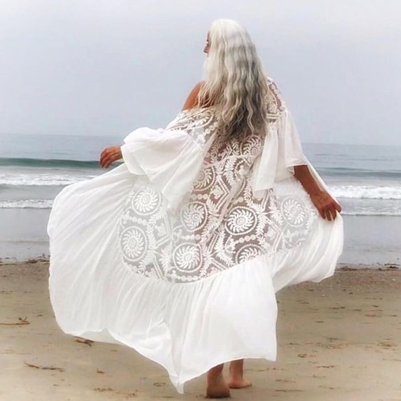 2021 Crochet White Knitted Beach Cover up dress Tunic Long Pareos Bikinis Cover ups Swim Cover up Robe Plage Beachwear