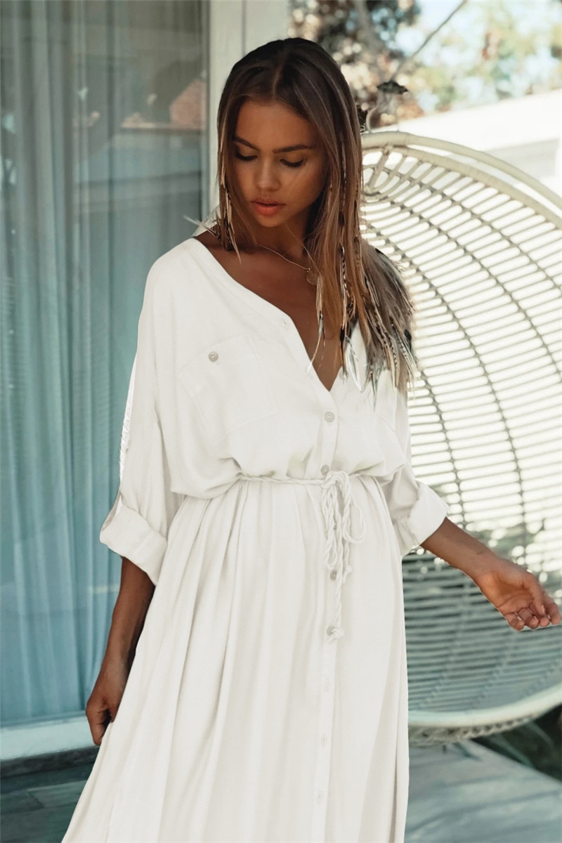 2021 Crochet White Knitted Beach Cover up dress Tunic Long Pareos Bikinis Cover ups Swim Cover up Robe Plage Beachwear