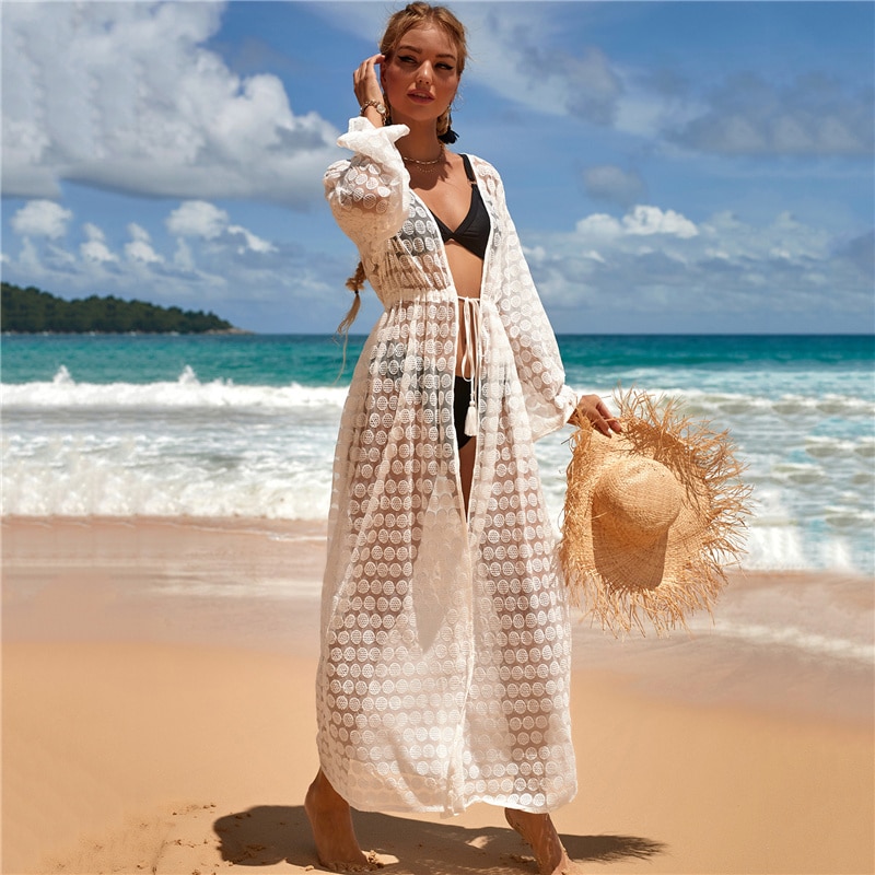 2021 Crochet White Knitted Beach Cover up dress Tunic Long Pareos Bikinis Cover ups Swim Cover up Robe Plage Beachwear