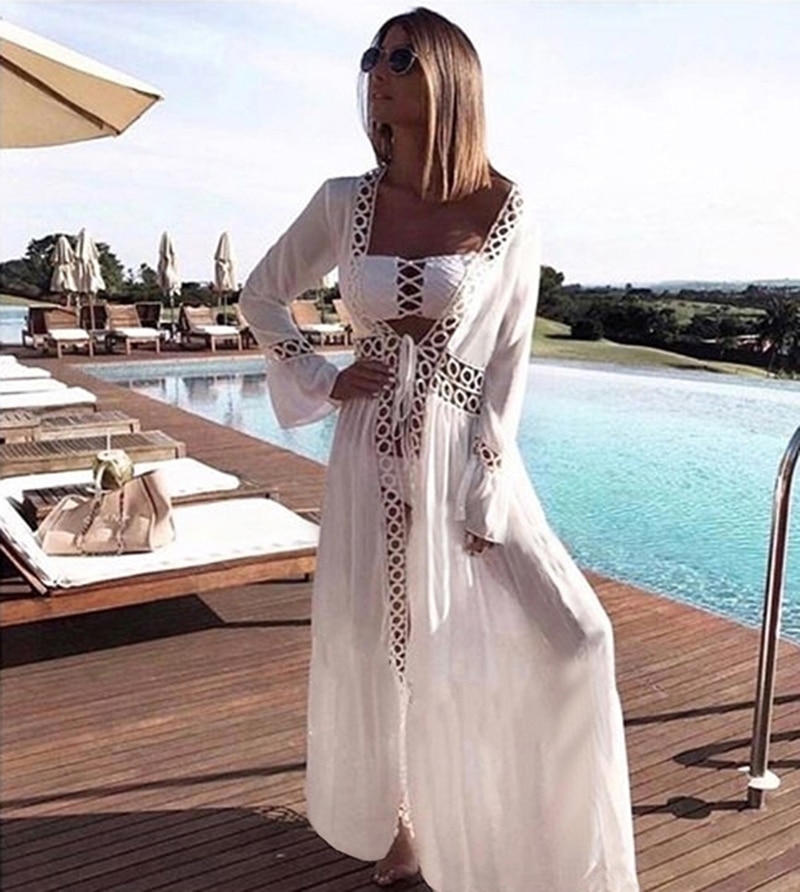 2021 Crochet White Knitted Beach Cover up dress Tunic Long Pareos Bikinis Cover ups Swim Cover up Robe Plage Beachwear