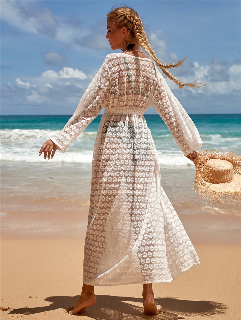 2021 Crochet White Knitted Beach Cover up dress Tunic Long Pareos Bikinis Cover ups Swim Cover up Robe Plage Beachwear