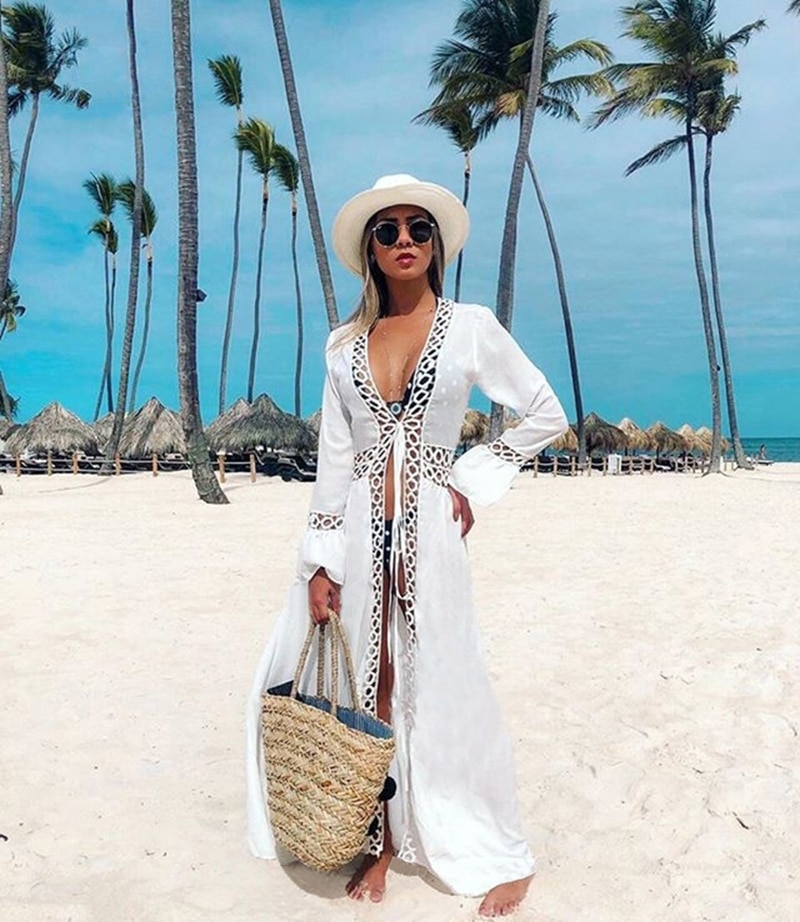 2021 Crochet White Knitted Beach Cover up dress Tunic Long Pareos Bikinis Cover ups Swim Cover up Robe Plage Beachwear