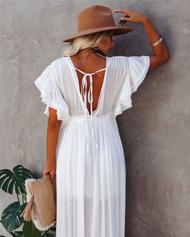 2021 Crochet White Knitted Beach Cover up dress Tunic Long Pareos Bikinis Cover ups Swim Cover up Robe Plage Beachwear