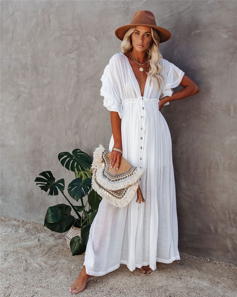 2021 Crochet White Knitted Beach Cover up dress Tunic Long Pareos Bikinis Cover ups Swim Cover up Robe Plage Beachwear