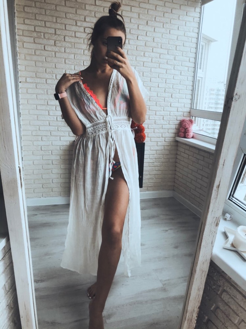 2021 Crochet White Knitted Beach Cover up dress Tunic Long Pareos Bikinis Cover ups Swim Cover up Robe Plage Beachwear