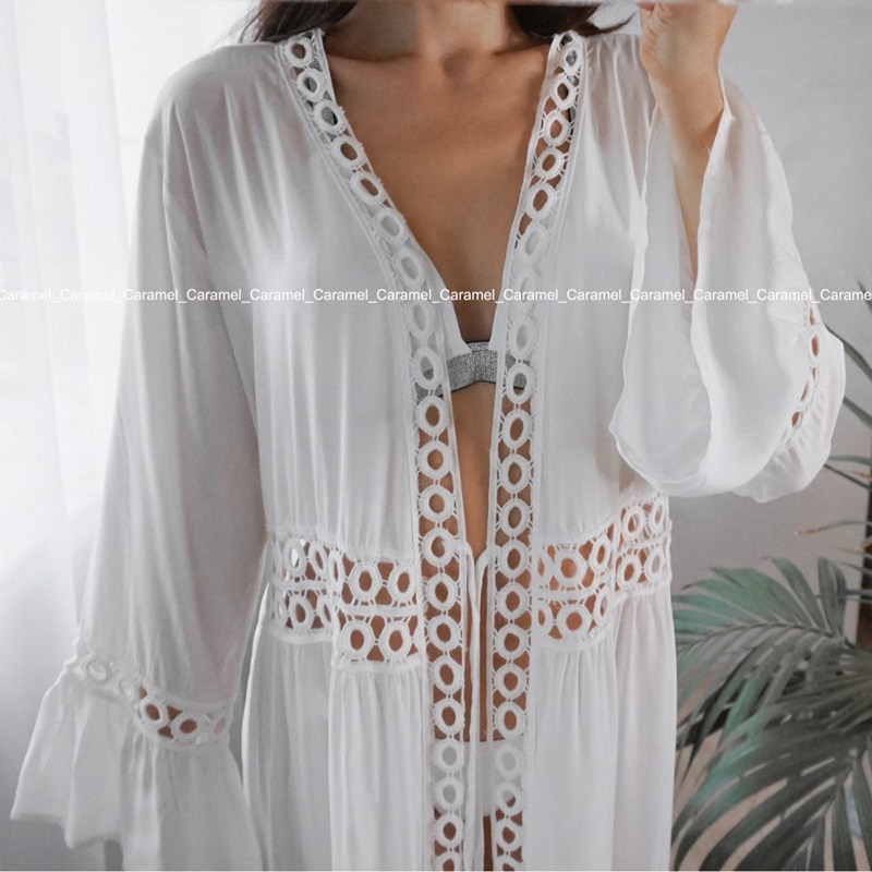 2021 Crochet White Knitted Beach Cover up dress Tunic Long Pareos Bikinis Cover ups Swim Cover up Robe Plage Beachwear