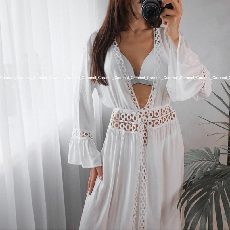 2021 Crochet White Knitted Beach Cover up dress Tunic Long Pareos Bikinis Cover ups Swim Cover up Robe Plage Beachwear