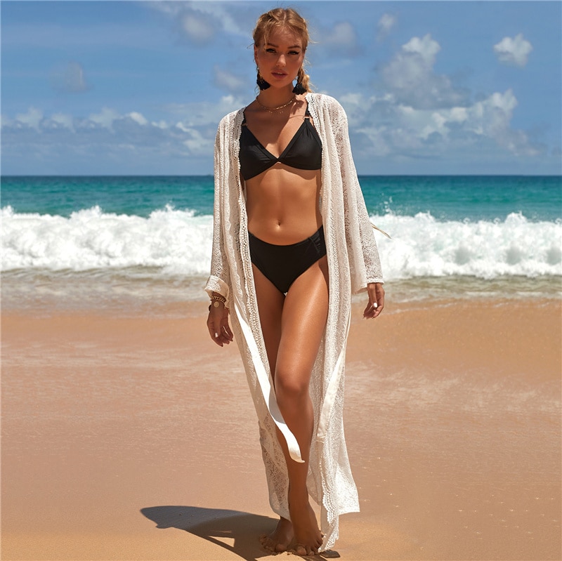 2021 Crochet White Knitted Beach Cover up dress Tunic Long Pareos Bikinis Cover ups Swim Cover up Robe Plage Beachwear
