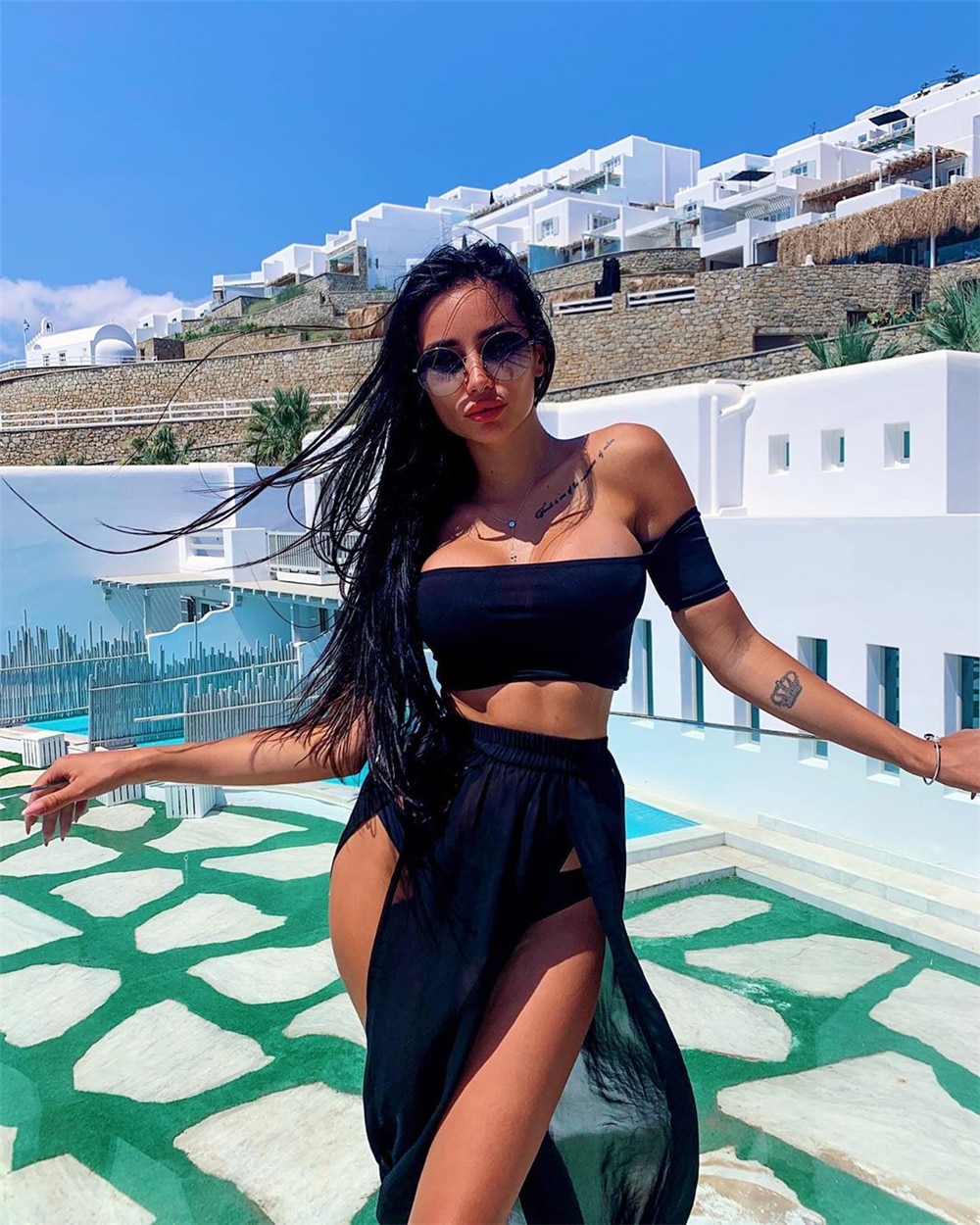 Women Mesh Sheer Bikini Cover-ups Set See-through Long Sleeve Crop Tops and Cover Up Skirts Two Piece Swimwear Beach Dresses