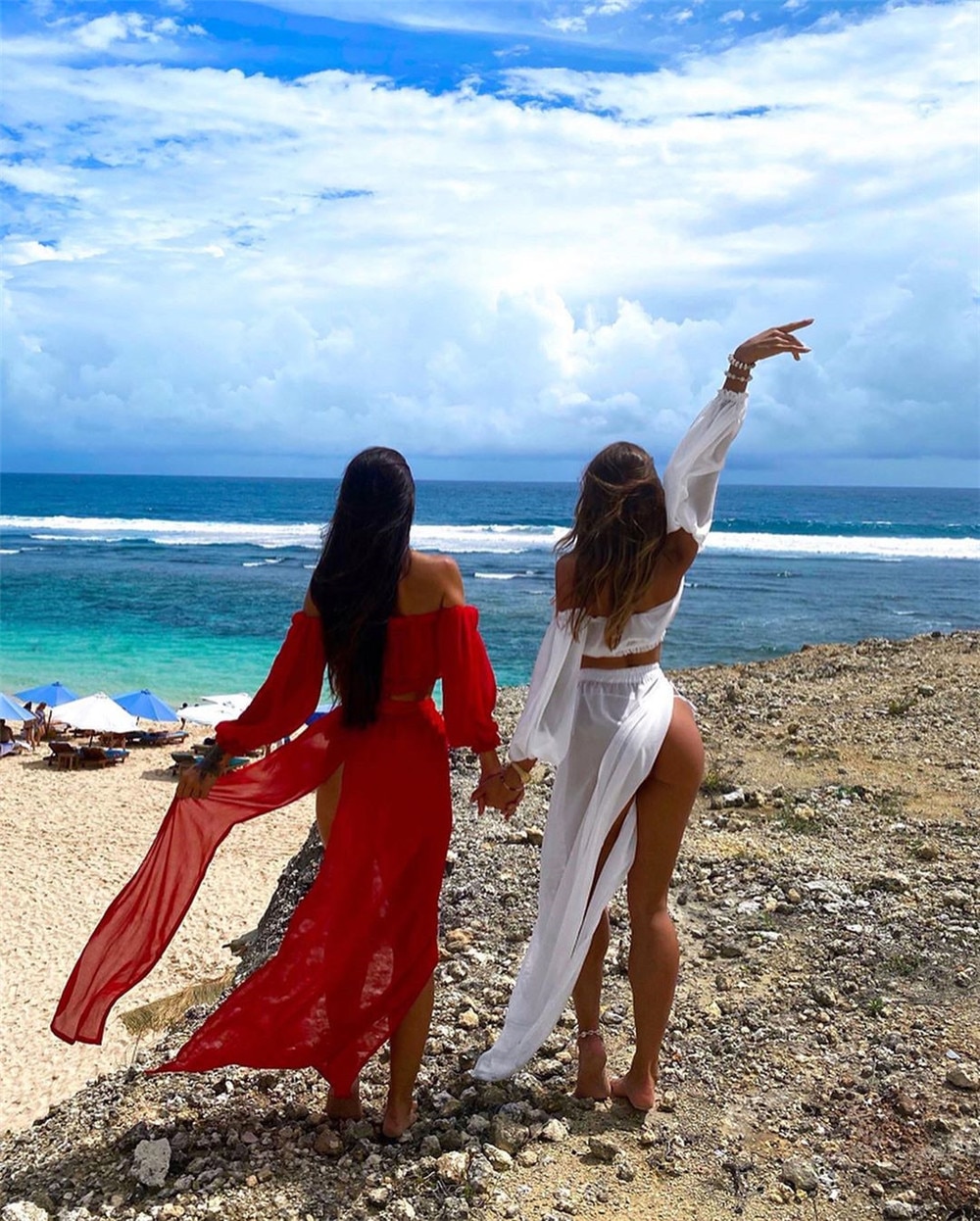 Women Mesh Sheer Bikini Cover-ups Set See-through Long Sleeve Crop Tops and Cover Up Skirts Two Piece Swimwear Beach Dresses