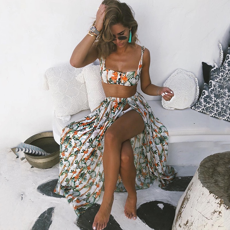 2021 Backless Tunic Beach Dress Bikini Long Dress Print Swimwear Women Cover Up Swimsuit Beachwear Pareo Saida de Praia