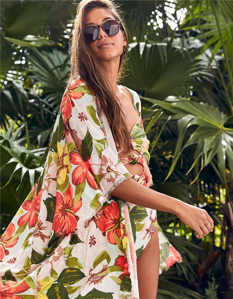 2021 Backless Tunic Beach Dress Bikini Long Dress Print Swimwear Women Cover Up Swimsuit Beachwear Pareo Saida de Praia