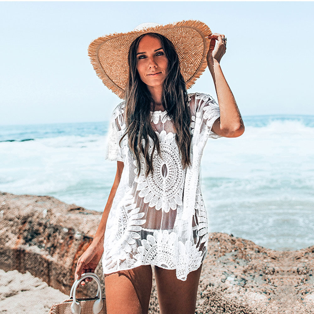 CUPSHE White Crochet Bikini Cover Up with Fringe Trim Women Sexy Hollow Tunic Beach Dress 2021 Summer Bathing Suit Beachwear