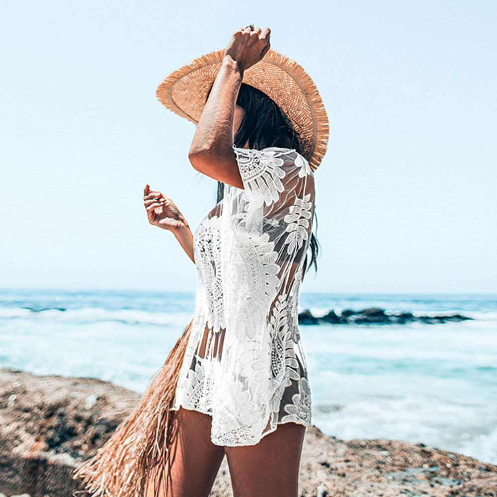 CUPSHE White Crochet Bikini Cover Up with Fringe Trim Women Sexy Hollow Tunic Beach Dress 2021 Summer Bathing Suit Beachwear