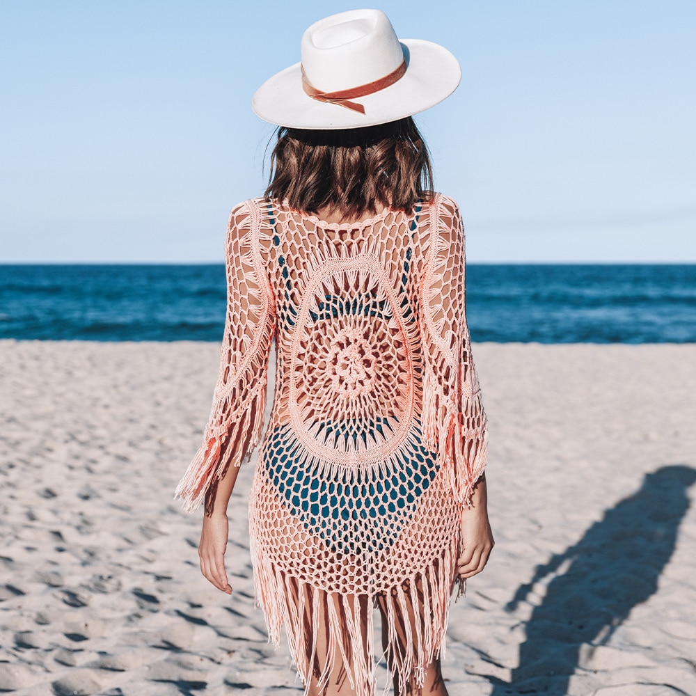 CUPSHE White Crochet Bikini Cover Up with Fringe Trim Women Sexy Hollow Tunic Beach Dress 2021 Summer Bathing Suit Beachwear
