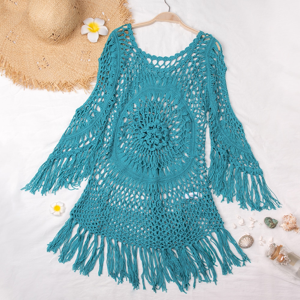 CUPSHE White Crochet Bikini Cover Up with Fringe Trim Women Sexy Hollow Tunic Beach Dress 2021 Summer Bathing Suit Beachwear