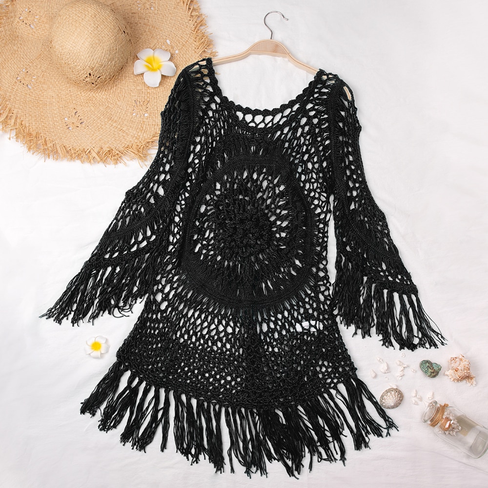 CUPSHE White Crochet Bikini Cover Up with Fringe Trim Women Sexy Hollow Tunic Beach Dress 2021 Summer Bathing Suit Beachwear