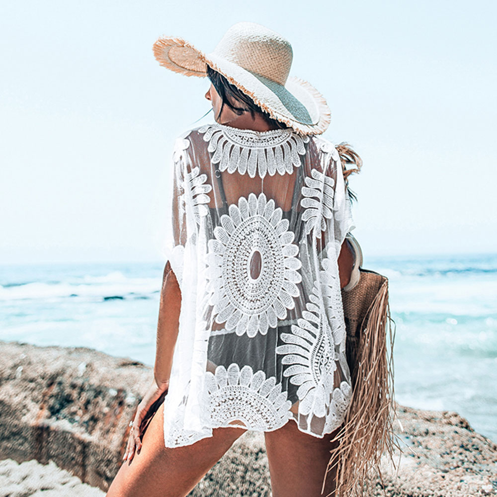 CUPSHE White Crochet Bikini Cover Up with Fringe Trim Women Sexy Hollow Tunic Beach Dress 2021 Summer Bathing Suit Beachwear