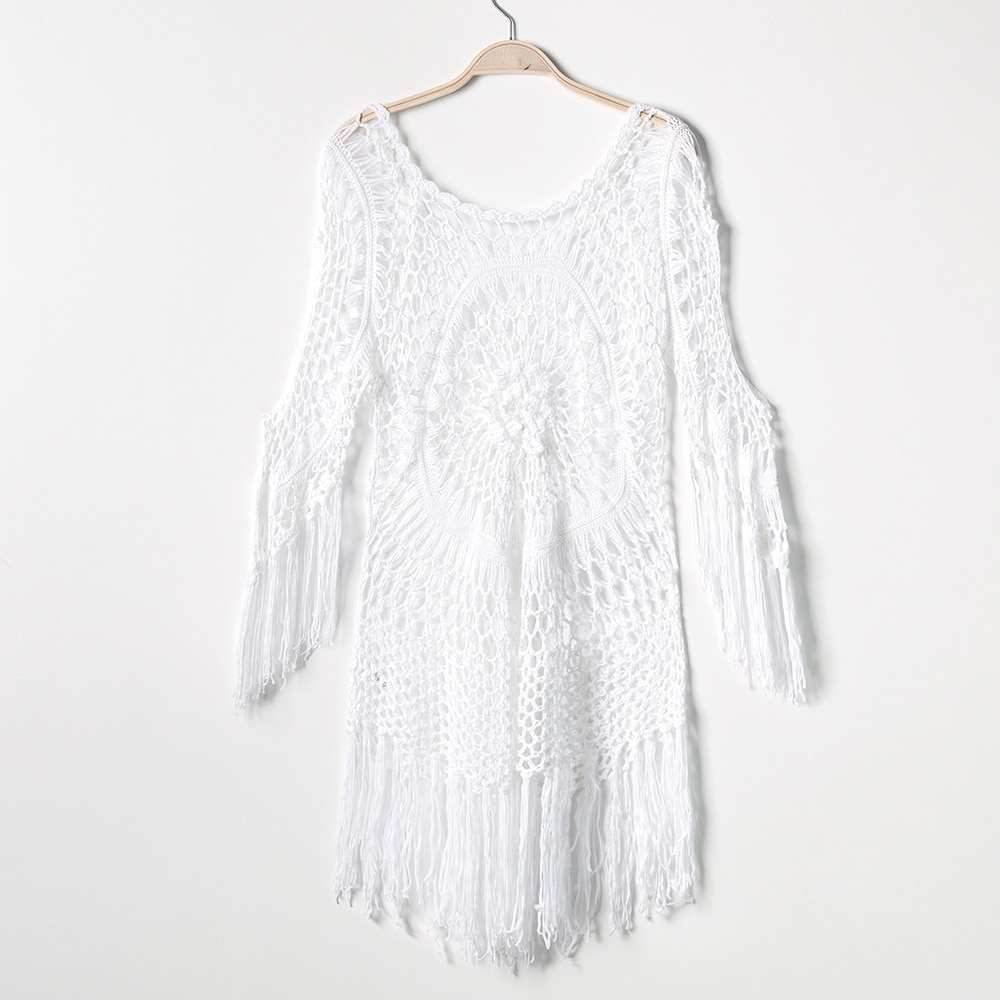 CUPSHE White Crochet Bikini Cover Up with Fringe Trim Women Sexy Hollow Tunic Beach Dress 2021 Summer Bathing Suit Beachwear