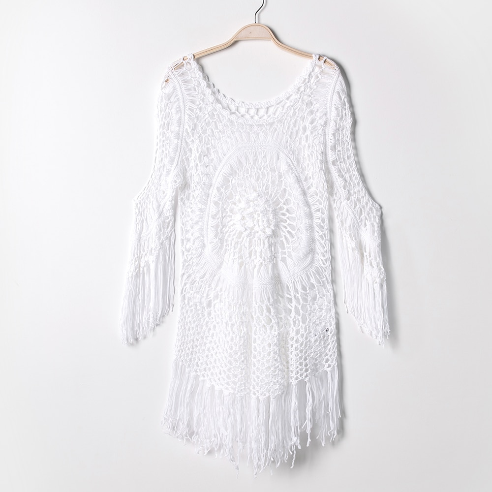 CUPSHE White Crochet Bikini Cover Up with Fringe Trim Women Sexy Hollow Tunic Beach Dress 2021 Summer Bathing Suit Beachwear