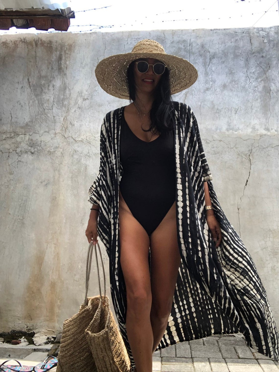 2021 Bikini Cover-ups Black Retro Striped Self Belted Plus Size WomenSummer Kimono Dress Beach Wear Swim Suit Cover Up Q1225