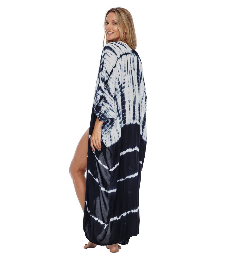 2021 Bikini Cover-ups Black Retro Striped Self Belted Plus Size WomenSummer Kimono Dress Beach Wear Swim Suit Cover Up Q1225