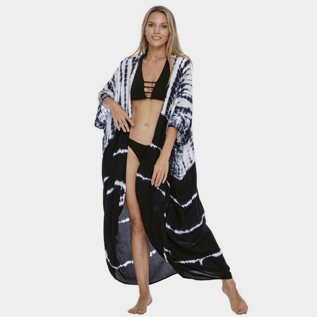 2021 Bikini Cover-ups Black Retro Striped Self Belted Plus Size WomenSummer Kimono Dress Beach Wear Swim Suit Cover Up Q1225