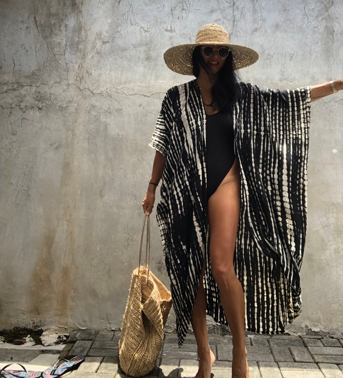 2021 Bikini Cover-ups Black Retro Striped Self Belted Plus Size WomenSummer Kimono Dress Beach Wear Swim Suit Cover Up Q1225