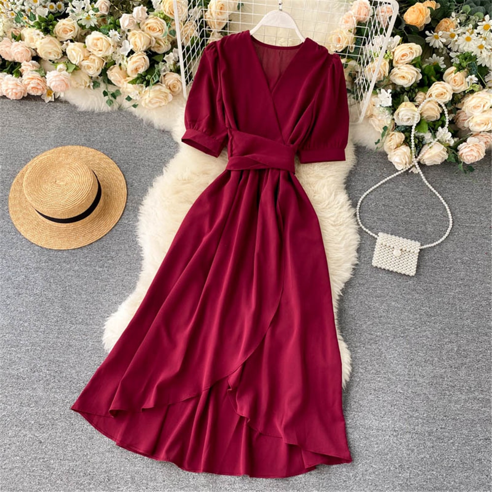 Women Summer Midi French Dress 2021 Sweet V-Neck Puff Sleeve High Waist Elegant Solid Woman Dresses Female Clothing New Year