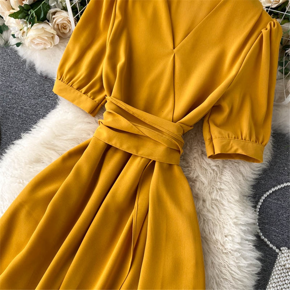 Women Summer Midi French Dress 2021 Sweet V-Neck Puff Sleeve High Waist Elegant Solid Woman Dresses Female Clothing New Year