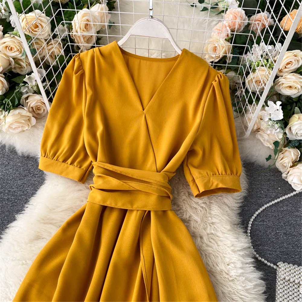 Women Summer Midi French Dress 2021 Sweet V-Neck Puff Sleeve High Waist Elegant Solid Woman Dresses Female Clothing New Year