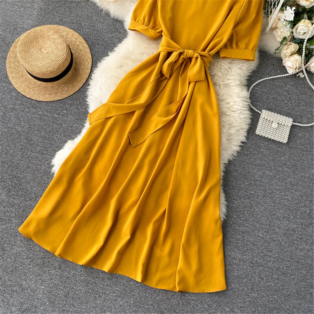 Women Summer Midi French Dress 2021 Sweet V-Neck Puff Sleeve High Waist Elegant Solid Woman Dresses Female Clothing New Year