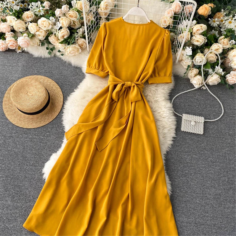 Women Summer Midi French Dress 2021 Sweet V-Neck Puff Sleeve High Waist Elegant Solid Woman Dresses Female Clothing New Year