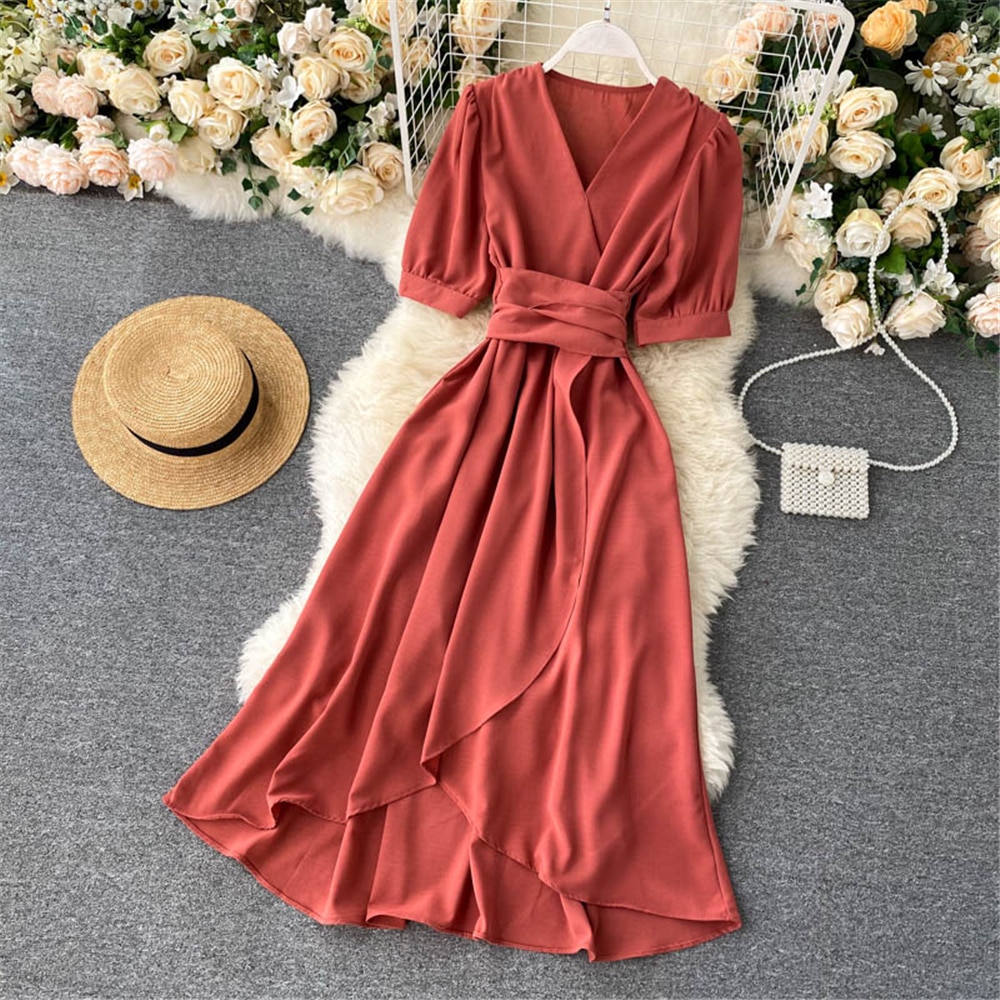 Women Summer Midi French Dress 2021 Sweet V-Neck Puff Sleeve High Waist Elegant Solid Woman Dresses Female Clothing New Year