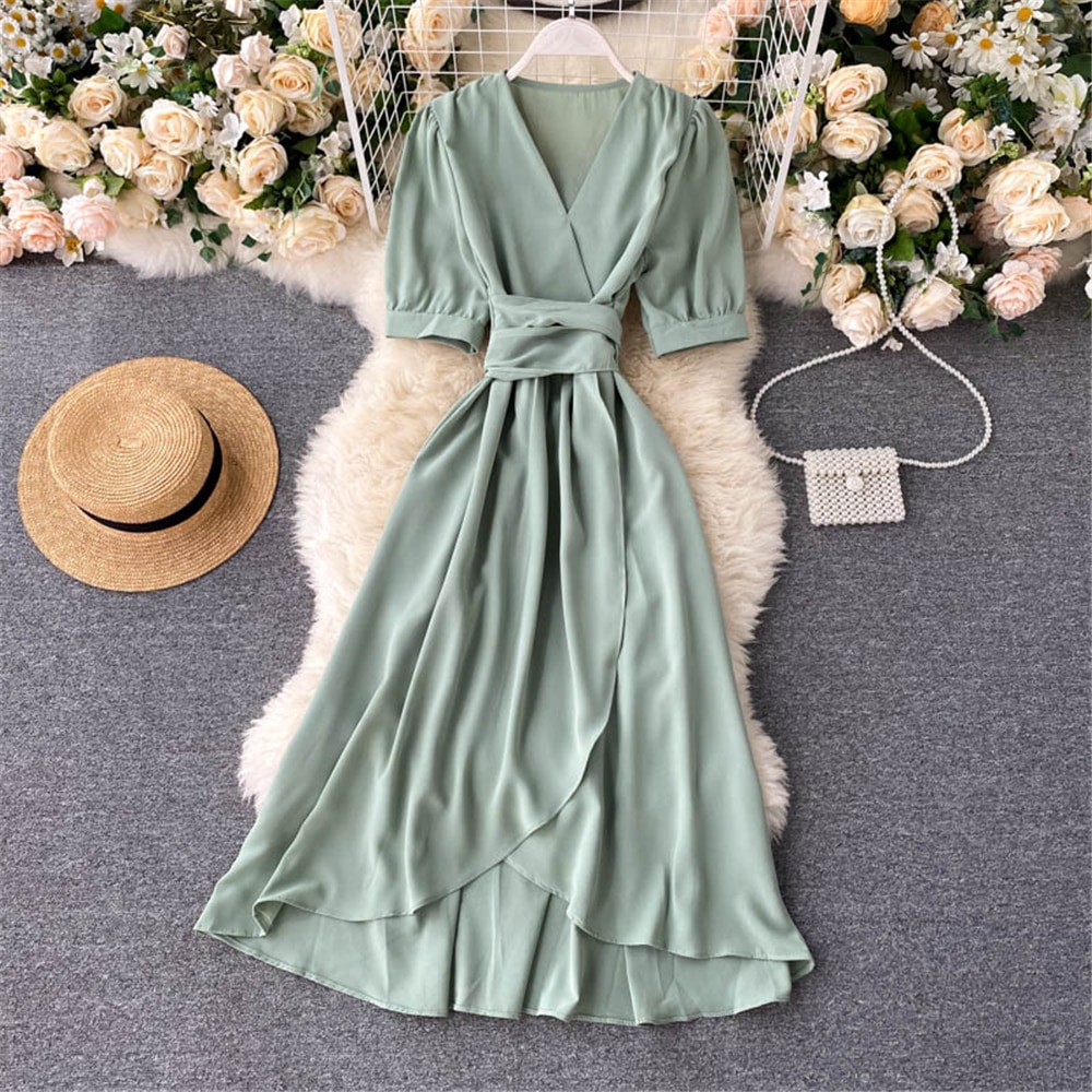 Women Summer Midi French Dress 2021 Sweet V-Neck Puff Sleeve High Waist Elegant Solid Woman Dresses Female Clothing New Year