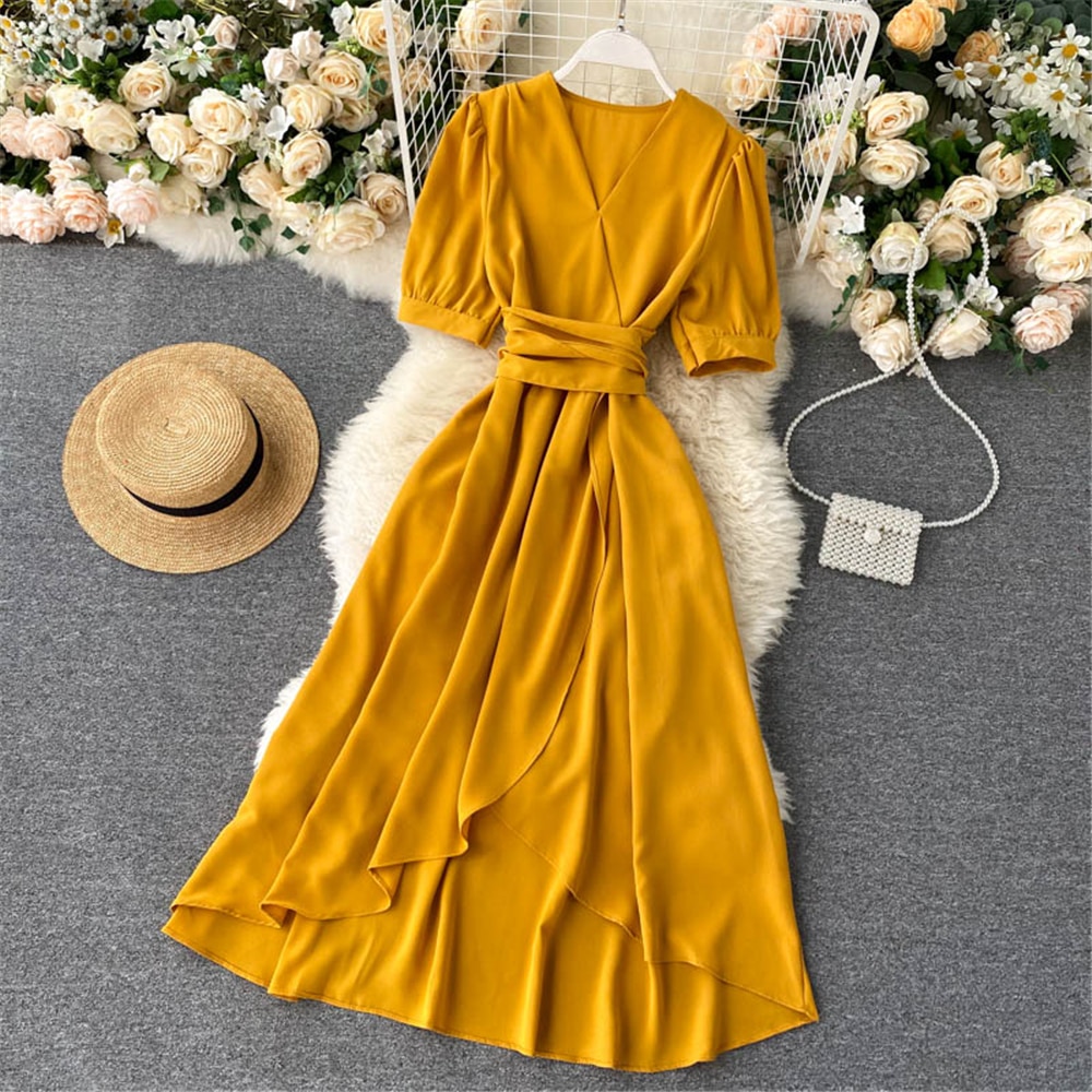 Women Summer Midi French Dress 2021 Sweet V-Neck Puff Sleeve High Waist Elegant Solid Woman Dresses Female Clothing New Year