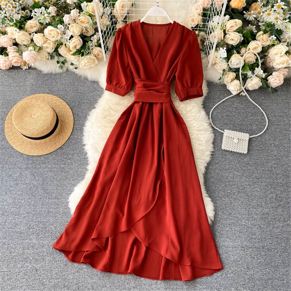 Women Summer Midi French Dress 2021 Sweet V-Neck Puff Sleeve High Waist Elegant Solid Woman Dresses Female Clothing New Year