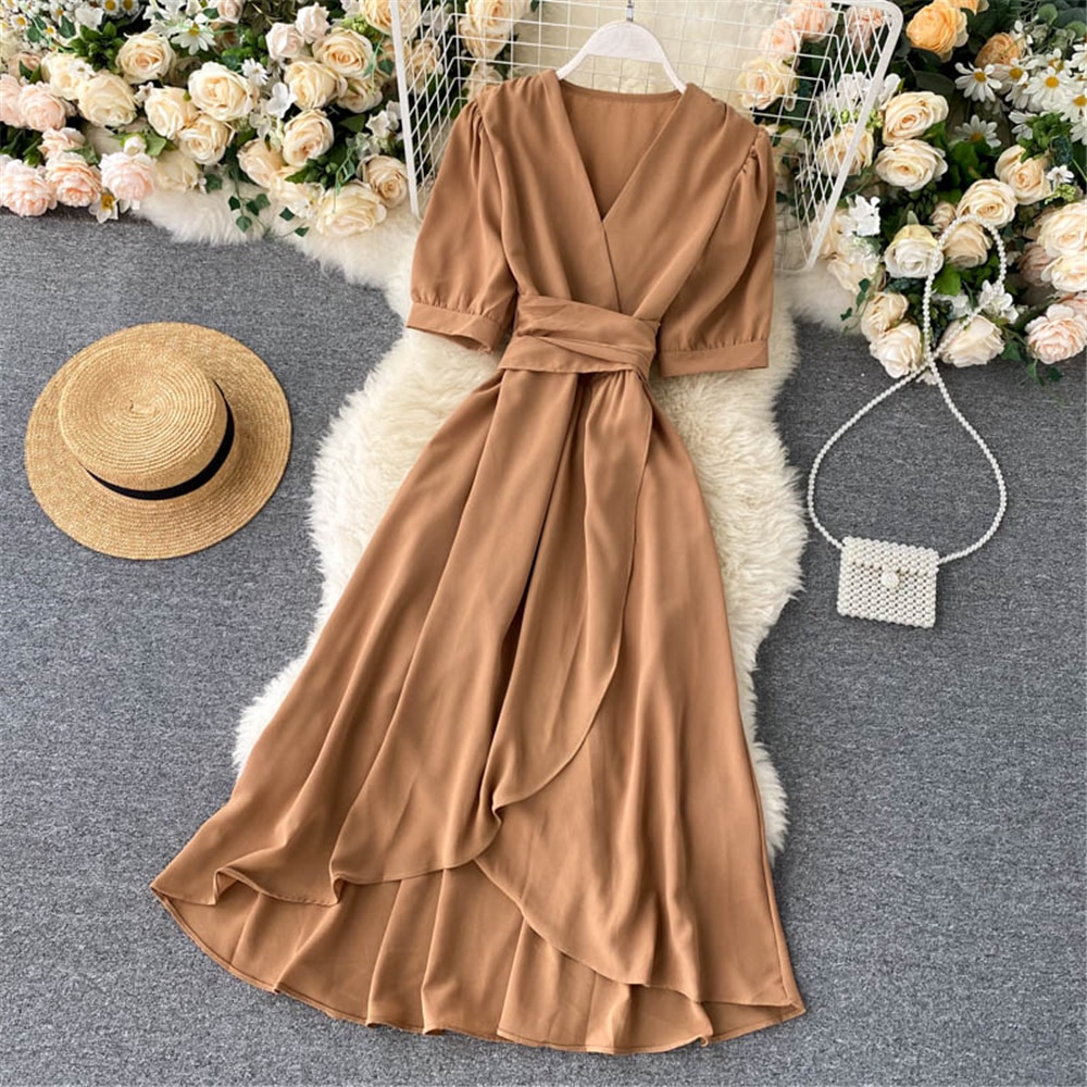 Women Summer Midi French Dress 2021 Sweet V-Neck Puff Sleeve High Waist Elegant Solid Woman Dresses Female Clothing New Year