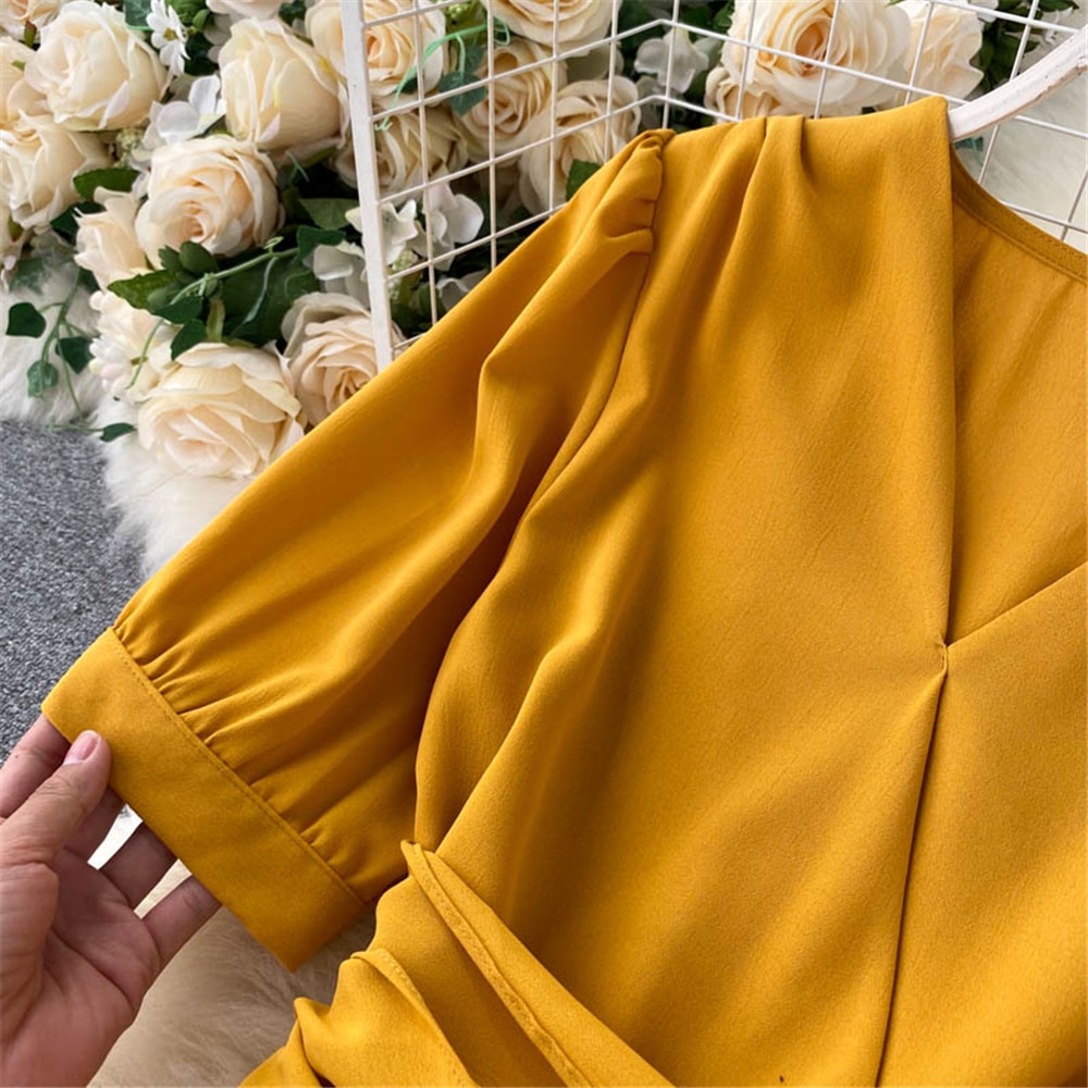 Women Summer Midi French Dress 2021 Sweet V-Neck Puff Sleeve High Waist Elegant Solid Woman Dresses Female Clothing New Year