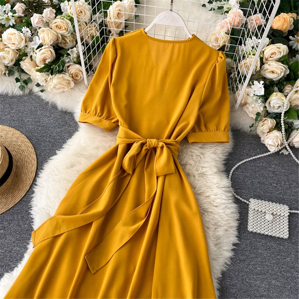 Women Summer Midi French Dress 2021 Sweet V-Neck Puff Sleeve High Waist Elegant Solid Woman Dresses Female Clothing New Year