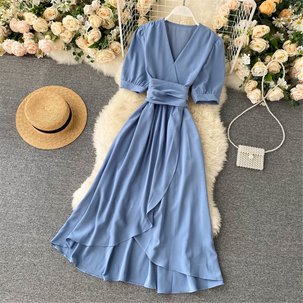 Women Summer Midi French Dress 2021 Sweet V-Neck Puff Sleeve High Waist Elegant Solid Woman Dresses Female Clothing New Year