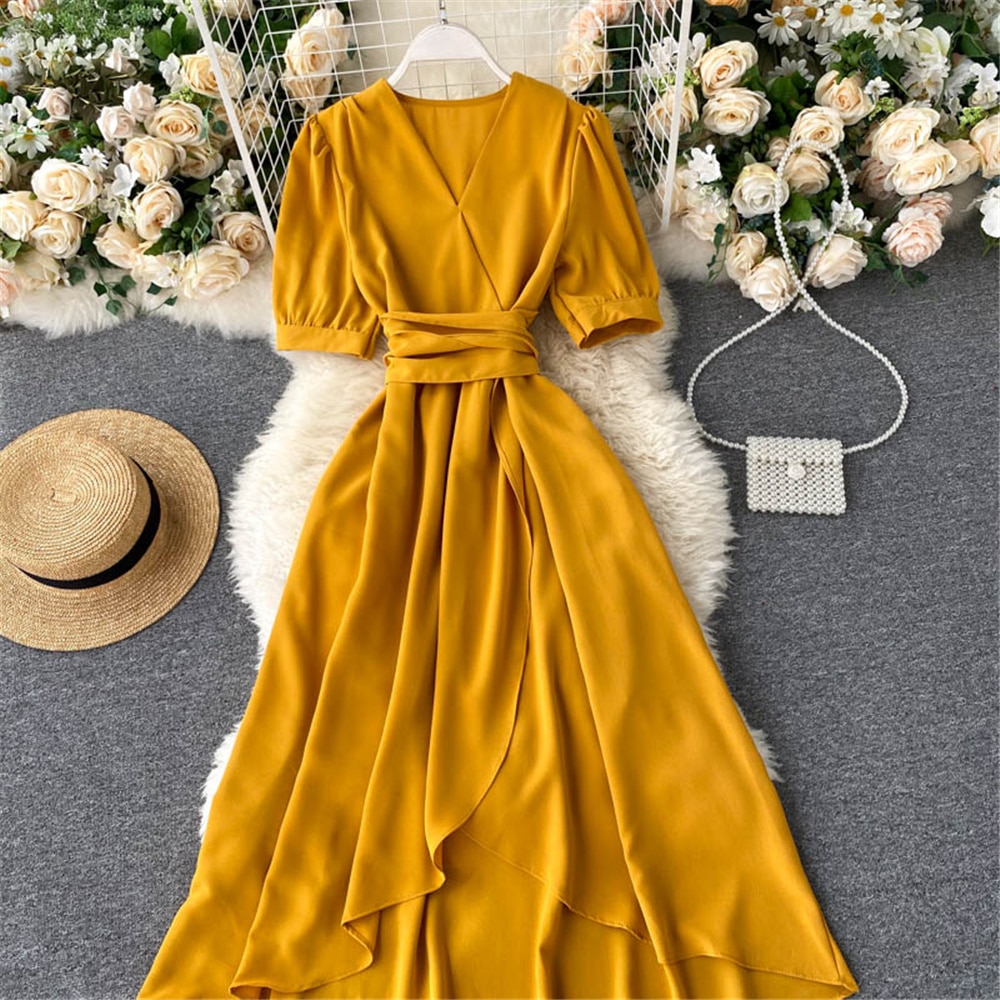 Women Summer Midi French Dress 2021 Sweet V-Neck Puff Sleeve High Waist Elegant Solid Woman Dresses Female Clothing New Year