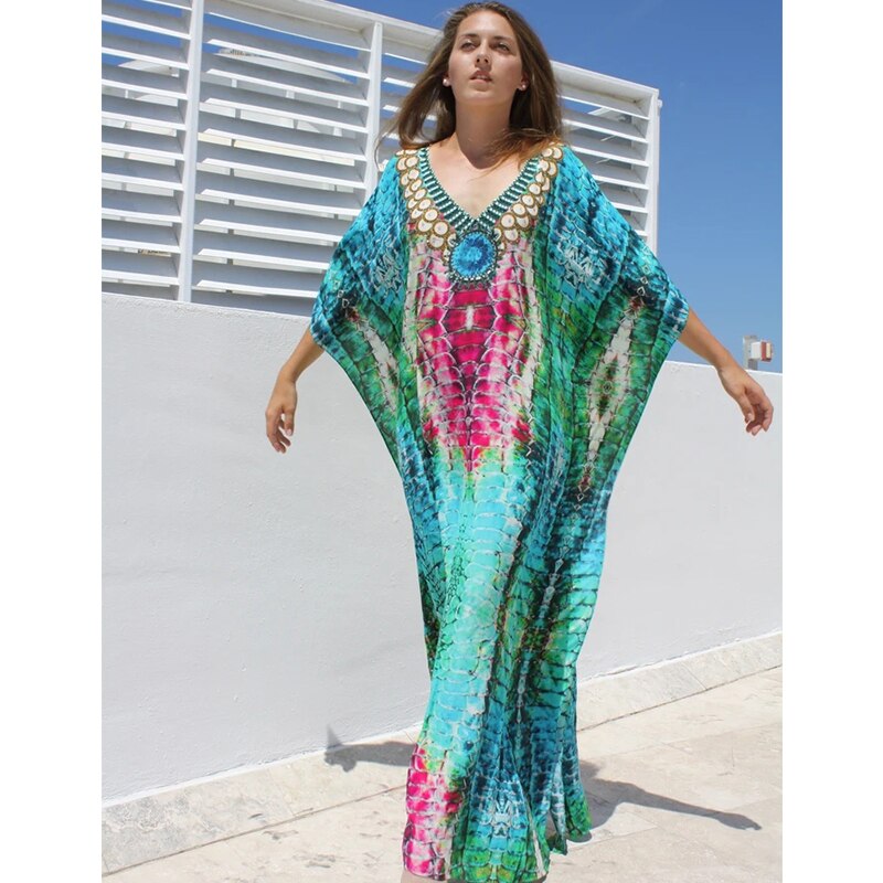 Plus Size Kaftan Tunic Beach Dress Swim Wear Bathing Suit Cover Up Women Summer Beachwear pareos Robe de plage sarongs