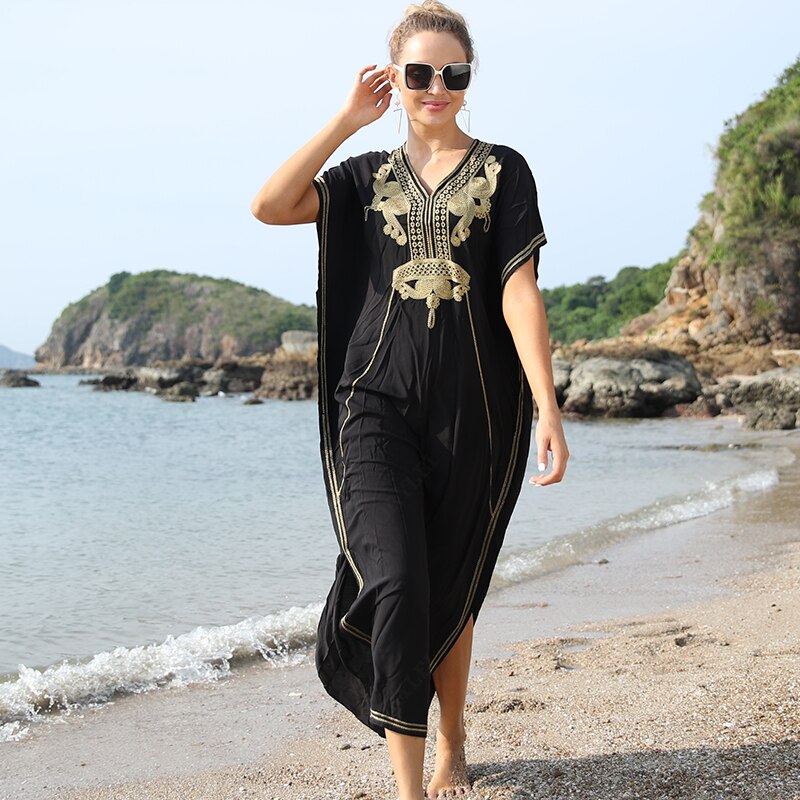 Plus Size Kaftan Tunic Beach Dress Swim Wear Bathing Suit Cover Up Women Summer Beachwear pareos Robe de plage sarongs