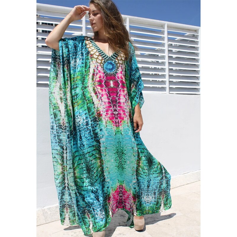 Plus Size Kaftan Tunic Beach Dress Swim Wear Bathing Suit Cover Up Women Summer Beachwear pareos Robe de plage sarongs