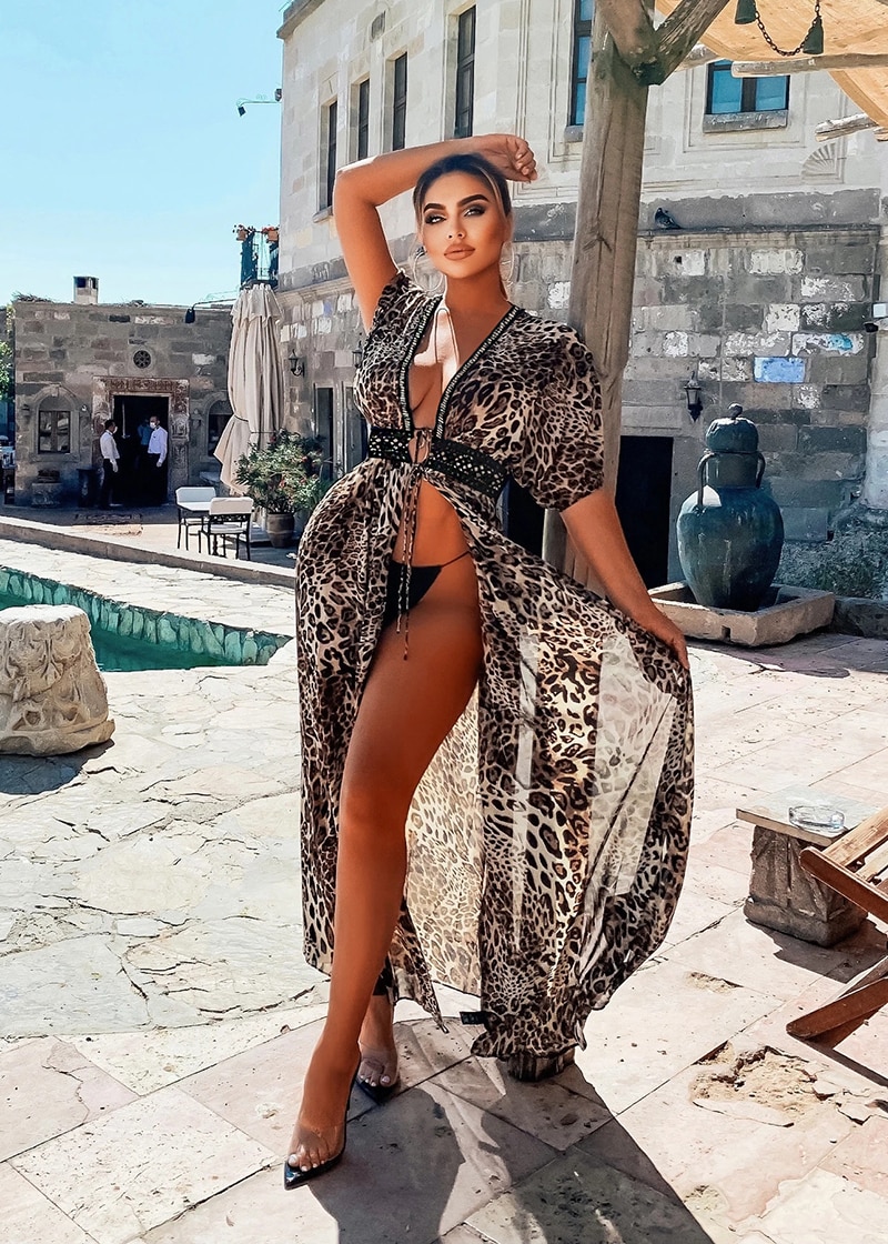 2021 Women Swimsuit Cover Up Sleeve Kaftan Beach Tunic Dress Robe De Plage Solid White Cotton Pareo  High Collar Beachwear