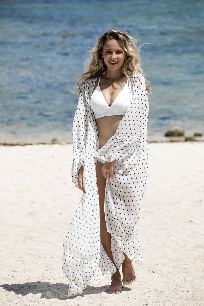 2021 Women Swimsuit Cover Up Sleeve Kaftan Beach Tunic Dress Robe De Plage Solid White Cotton Pareo  High Collar Beachwear