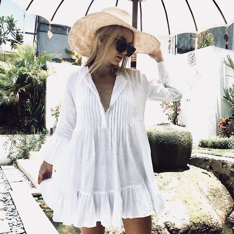 2021 Women Swimsuit Cover Up Sleeve Kaftan Beach Tunic Dress Robe De Plage Solid White Cotton Pareo  High Collar Beachwear