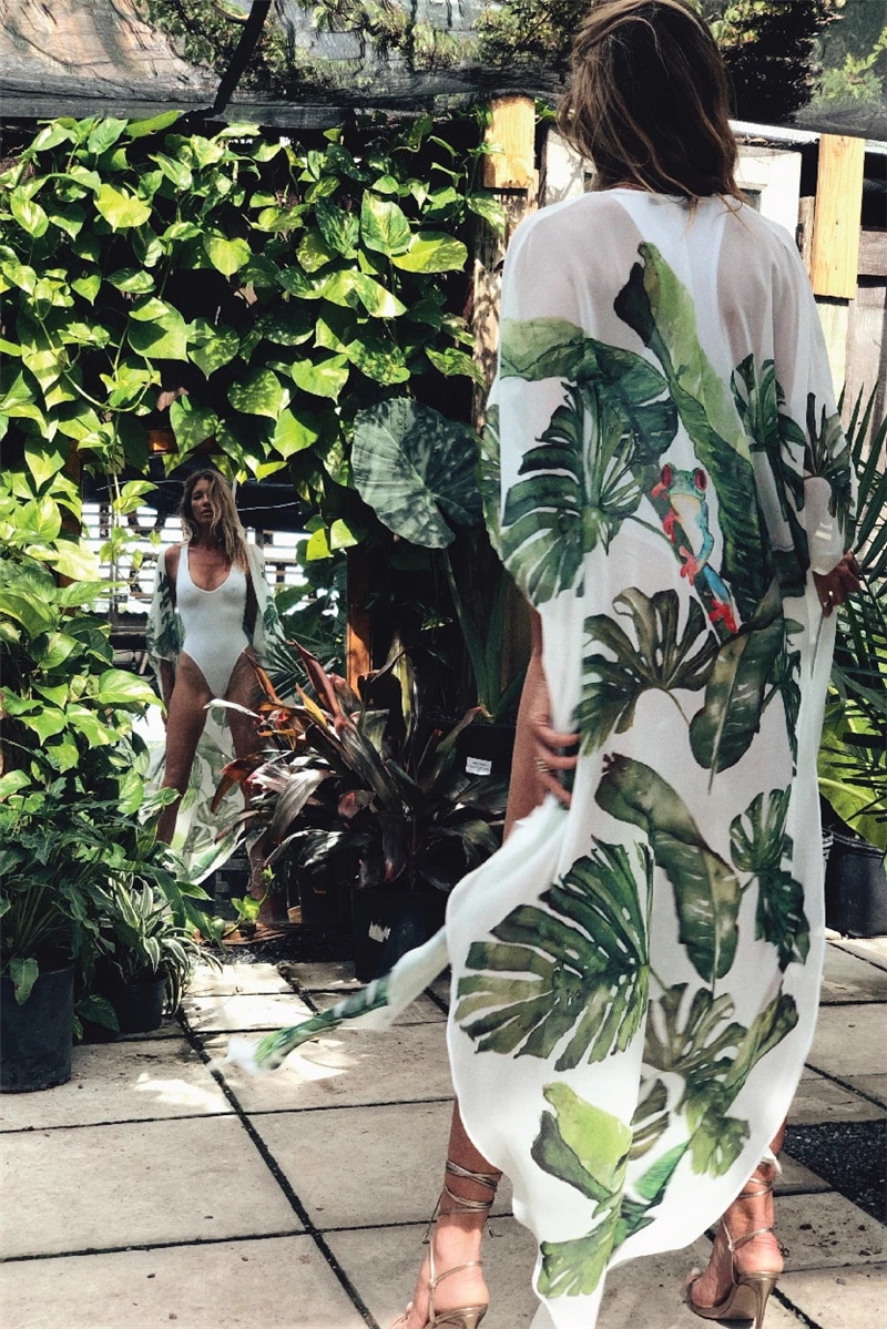 2021 Women Swimsuit Cover Up Sleeve Kaftan Beach Tunic Dress Robe De Plage Solid White Cotton Pareo  High Collar Beachwear