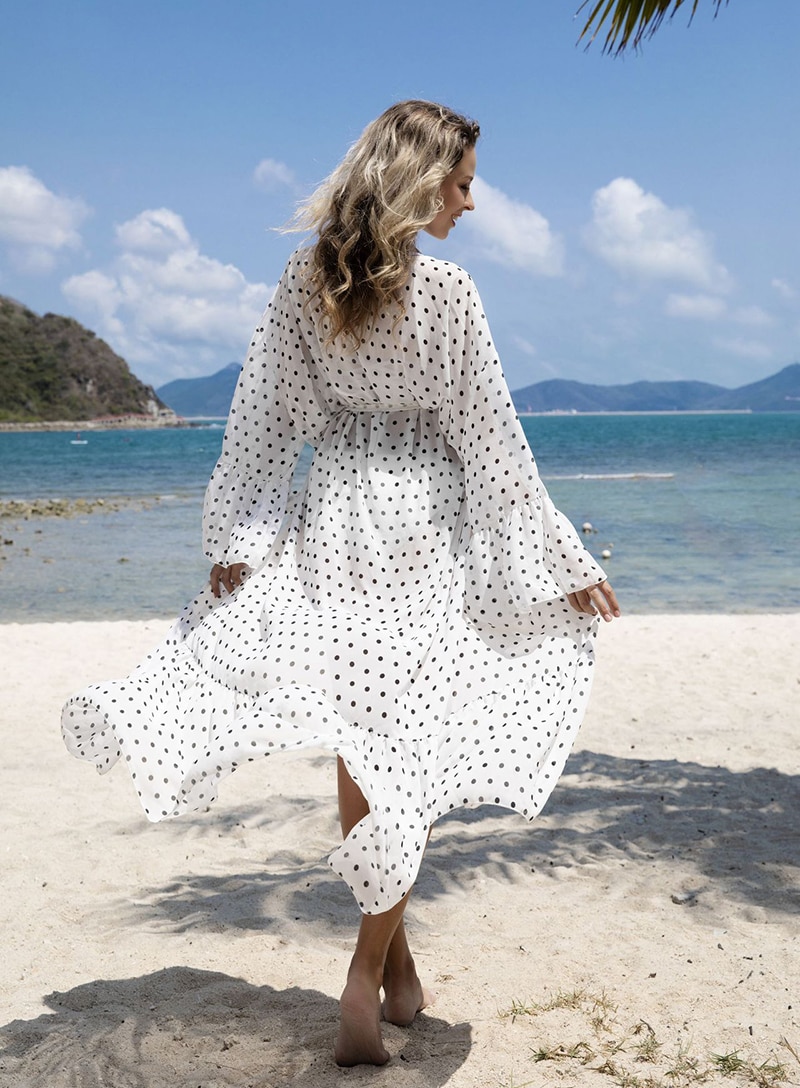 2021 Women Swimsuit Cover Up Sleeve Kaftan Beach Tunic Dress Robe De Plage Solid White Cotton Pareo  High Collar Beachwear